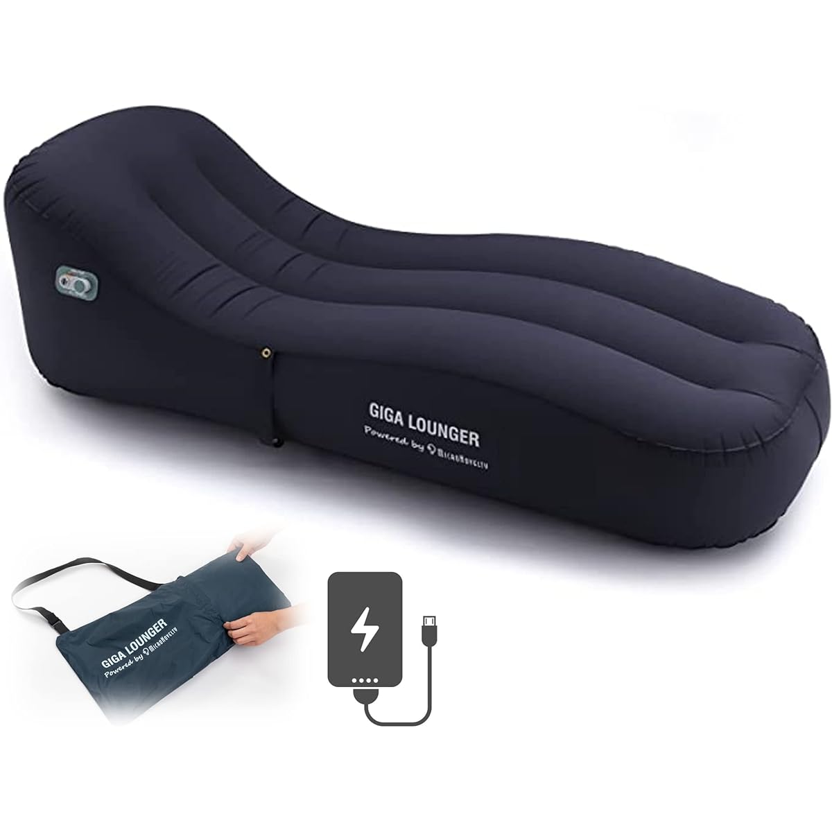 GIGA Lounger Air Bed Air Mat Electric Single Built-in Electric Pump Super Fast 100 Seconds Extra Thick USB Charging Waterproof 180cm Dark Blue Camping Solo Camping…