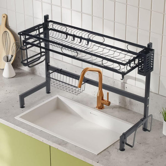 iimono117 Over the Sink Drainer Basket Width 55cm - 95cm 2 Tiers Large Capacity Non-Slip Suction Cup Dish Drainer Rack Kitchenware Holder Dish Drying (Width 55cm)