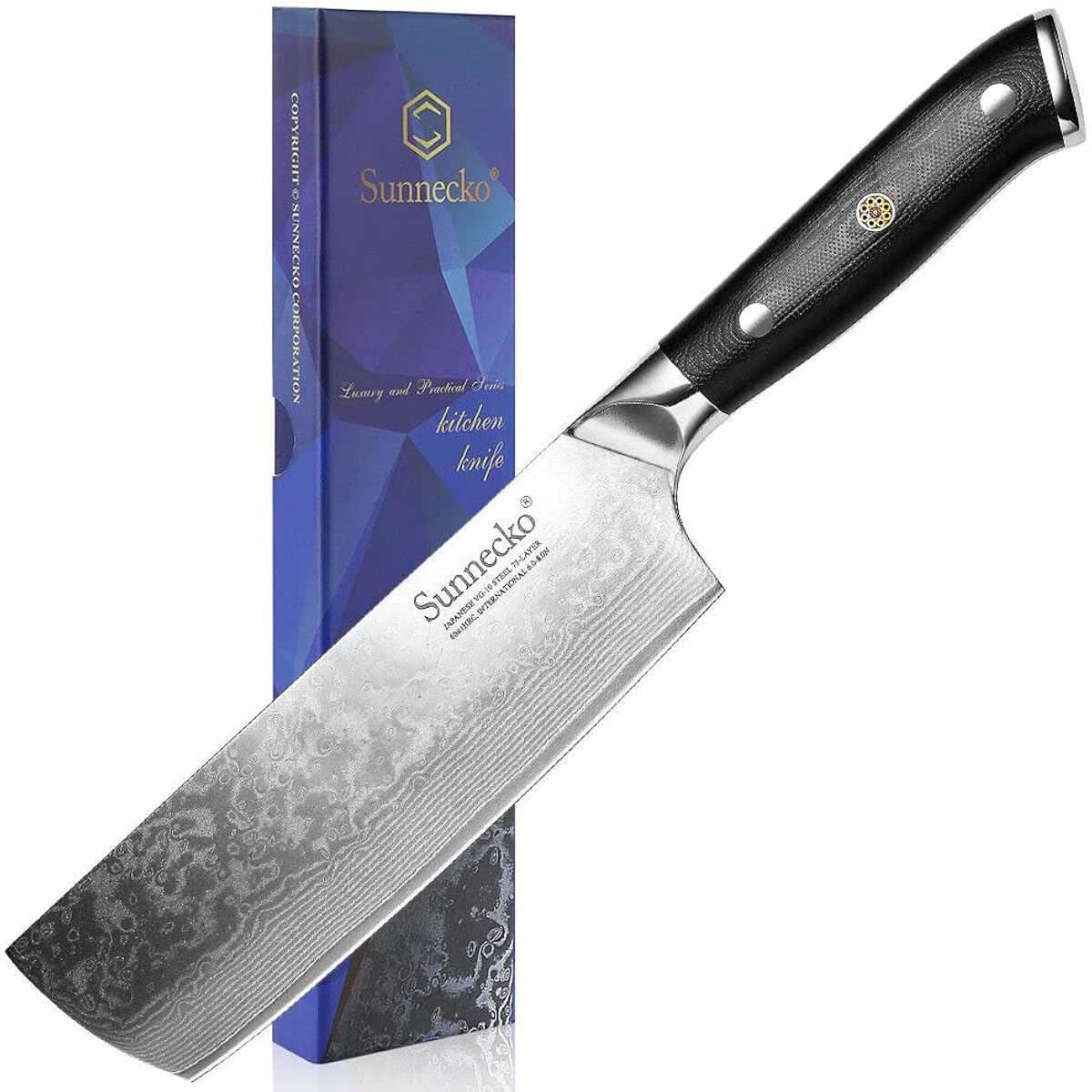 Sunnecko Nakiri Knife Damascus Knife 180mm 73 Layers VG-10 Vegetable Knife Knife Stainless Steel Ambidextrous Meat Cutter Cuts Well Rust-resistant (Nakiri Knife 180mm)