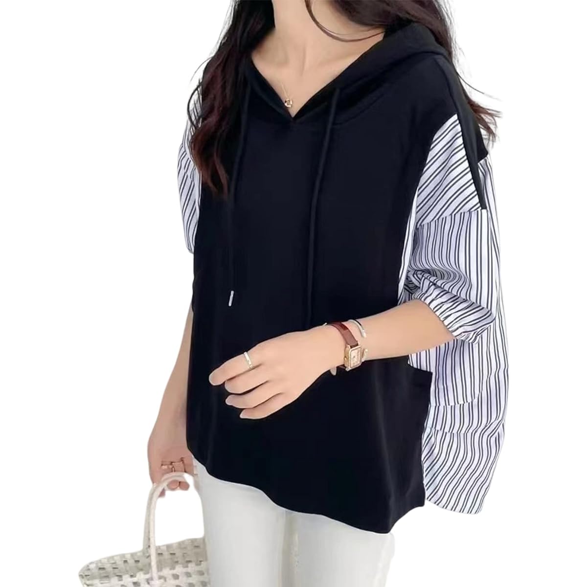 [xppe] Short Sleeve Parka, Women's Top, V-neck, Hooded, Switching, Striped, Plain, Korean Fashion, Casual, Body Covering, Loose, Spring, Summer, Autumn, Going Out, Office, Commuting, School