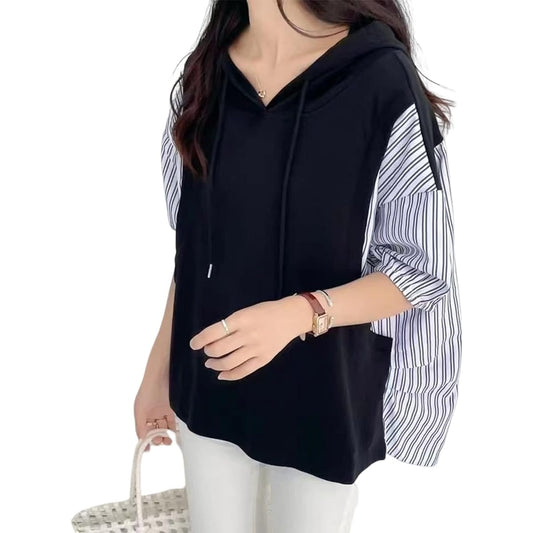 [xppe] Short Sleeve Parka, Women's Top, V-neck, Hooded, Switching, Striped, Plain, Korean Fashion, Casual, Body Covering, Loose, Spring, Summer, Autumn, Going Out, Office, Commuting, School