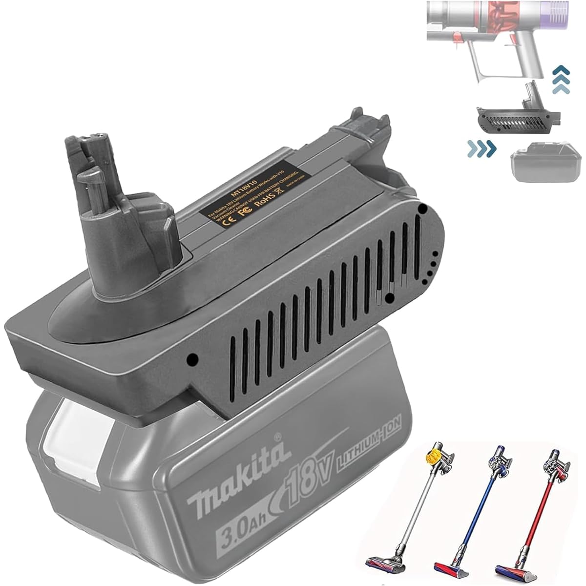 Dyson V10 Battery Adapter for Makita 18V Lithium Battery Compatible with DysonV10 Fluffy/V10 Fluffy+/V10 Absolute/V10 Animal/V10 Motorhead Dyson Vacuum Cleaner Battery Compatible with SV12 Equipped with protection circuit (Wall bracket not supported)