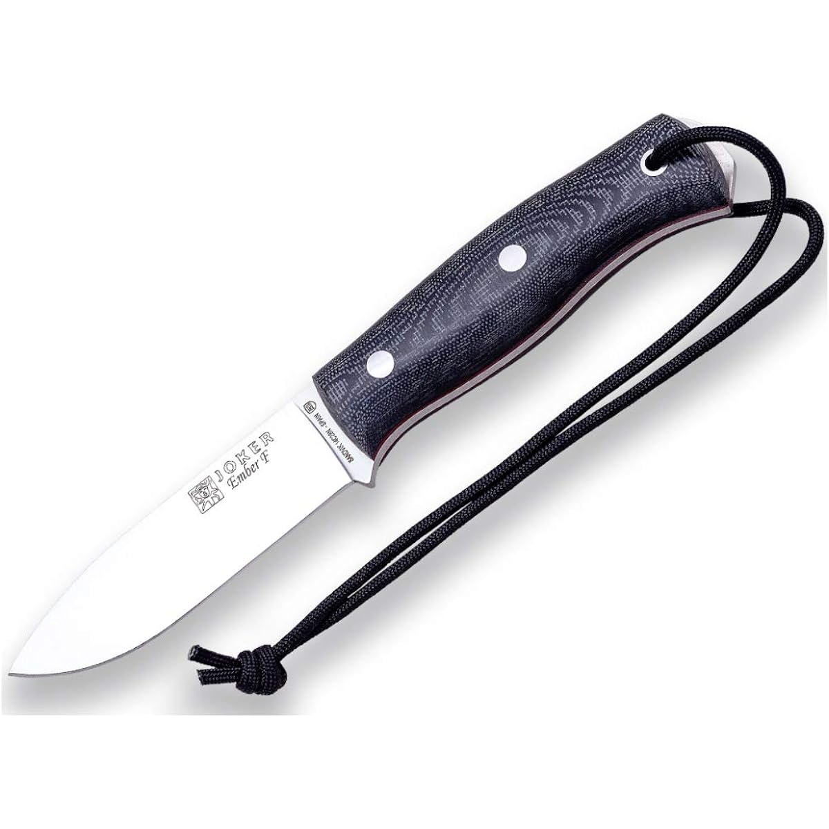 Joker Bushcraft Knife Ember F CM123-P, Black Leather Sheath, 4.13" Blade, Micarta Canvas Handle, Fire Starter and Paracord 550, Fishing, Hunting, Camping, Hiking Tool