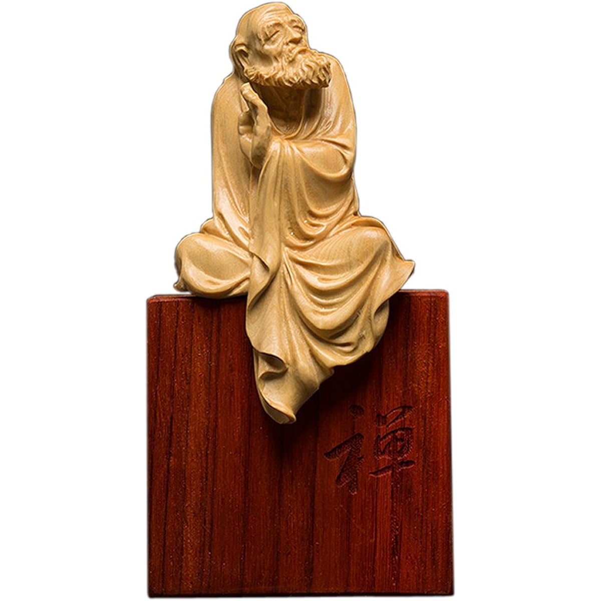 [Hanano] Dharma Daishi Seated Statue, High Quality Natural Boxwood Carved Dharma Wooden Statue, Wooden Buddha Statue, Buddhist Art, Daruma Bodhi Dharma, Dharma, Founder of Chinese Zen Buddhism, Zazen,