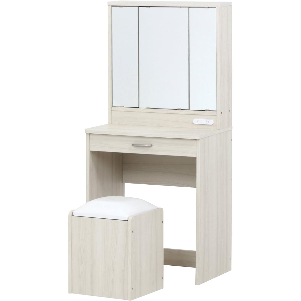 Fuji Boeki Dresser Vanity Mirror Stand Width 60 x Depth 39 x Height 130 cm White with Stool and Outlet Three-sided Mirror Wood Grain Merle 97785