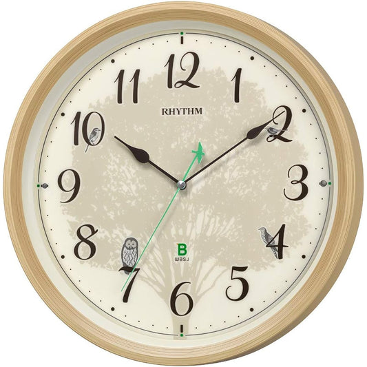 RHYTHM Wall Clock Radio Wave Analog Continuous Second Hand Wild Bird Voice Melody Jointly Developed by Wild Bird Society of Japan Light Brown Φ32.4x6.1cm 8MN409SR06