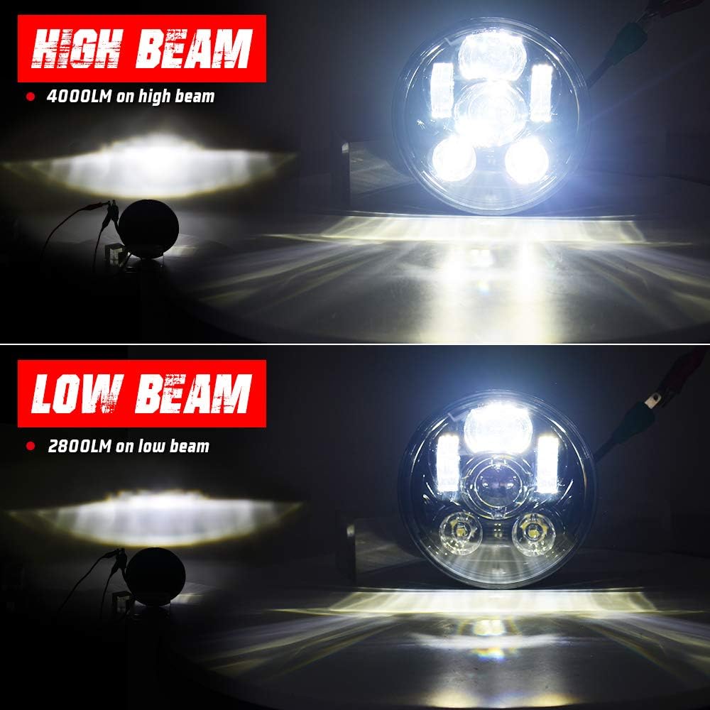 Tugwuetlwu 5-3/4 5.75 Inch LED Motorcycle Headlight Compatible with Harley Davidson Sportster Dyna Street Bob Low Rider Wide Glide Iron 883 1200 Softail Triple Headlamp