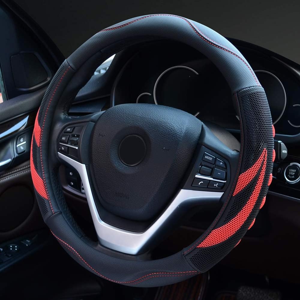Alusbell Microfiber Leather Steering Wheel Cover Breathable Auto Car Steering Wheel Cover for Men Universal 15 Inches Red
