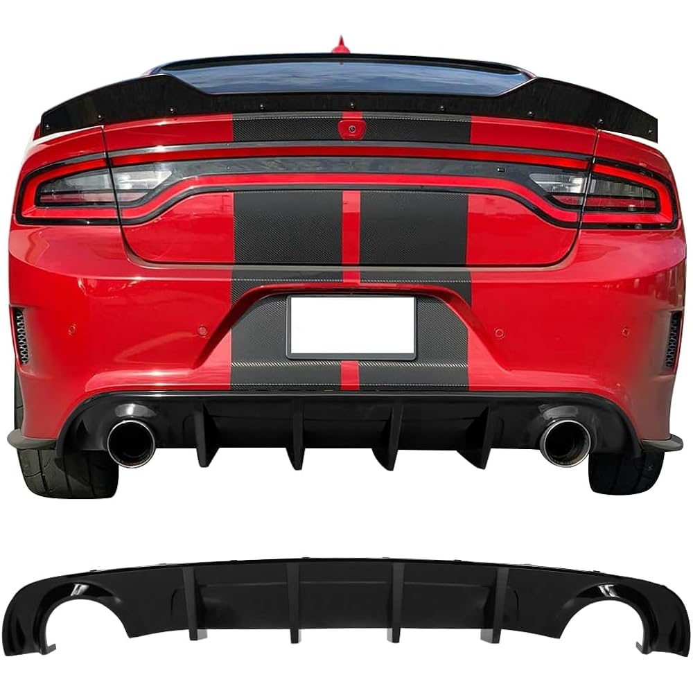 IKON MOTORSPORTS Rear Bumper Diffuser 2015-2023 DODGE CHARGER BASE & SXT compatible Rear Bumper Lip Diffuser Splitter Gloss Black PP