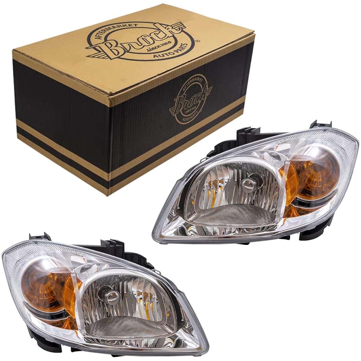 BROCK replacement driver and passenger seat set headlight clear lens with amber signal reflective plate 2005-2010 cobalt compatible