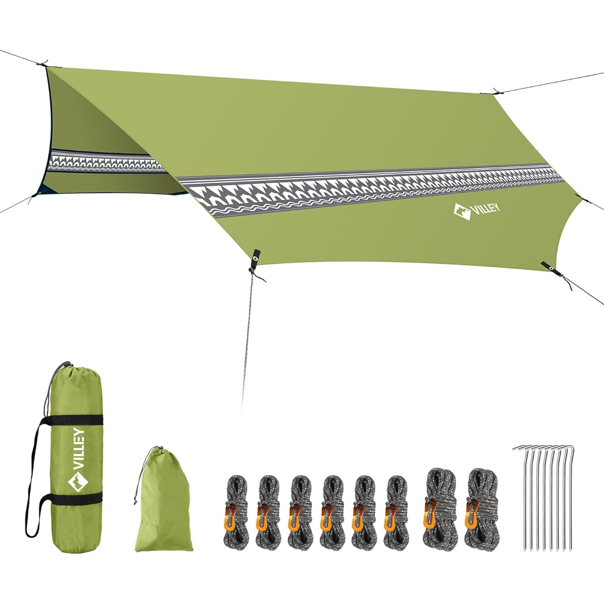 VILLEY Tarp, Camping Tarp, Sun Shelter, Tent Tarp, Awning, 3.5x3m, PU Coating, Flame Retardant Material, UV Protection, Light Blocking, Heat Shielding, Waterproof, Outdoor, Storage Case Included (Green)
