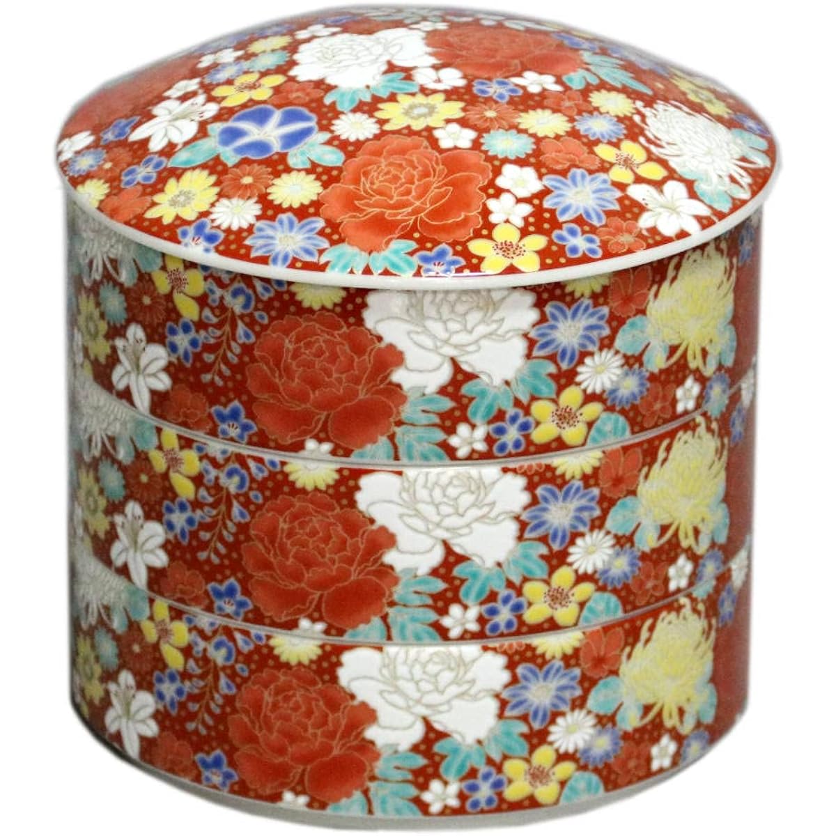 Kutani ware, Seikou kiln, three-tiered, flower-filled, red, SK-456, porcelain, made in Japan