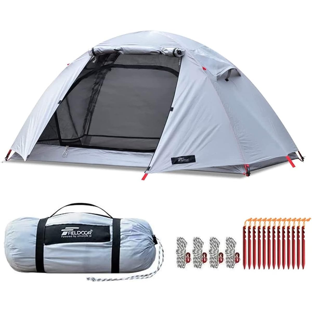 FIELDOOR Field Camp Dome 100 Light with Fly Sheet [Light Gray] 20D Polyester Lightweight Fabric with Peg + Rope + Carry Bag for 1 Person Solo Hanging Type Canopy Easy
