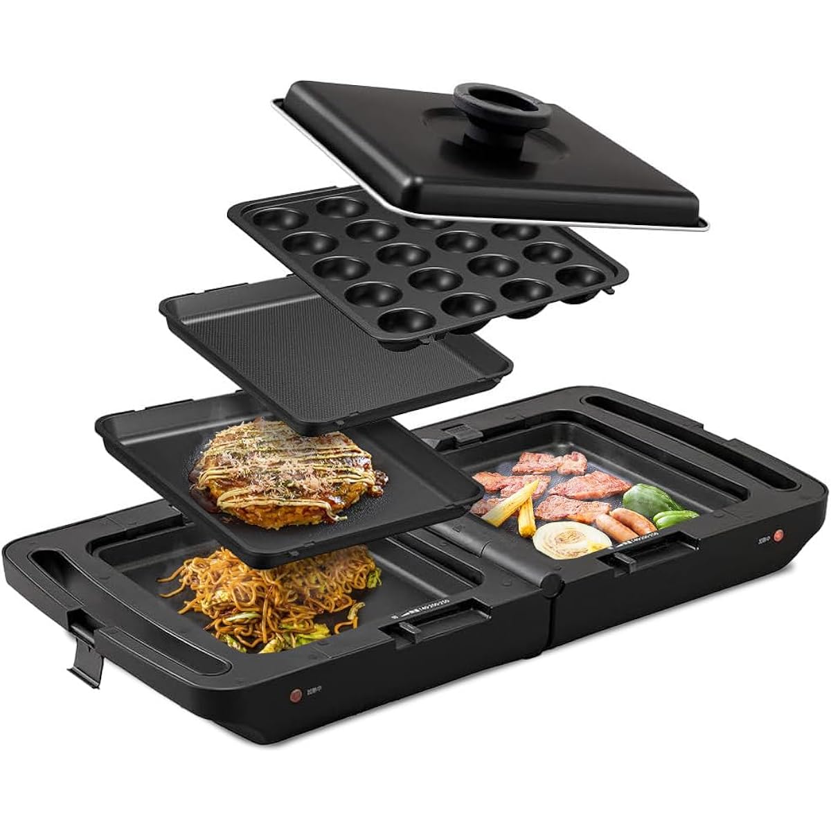 Iris Ohyama Hot Plate, Double-Sided Hot Plate, Flat Plate, Takoyaki Plate, Yakiniku Plate, 3 Pieces, with Lid, Foldable, Simultaneous Cooking, Washable, Warranty Compact Storage, DPOL-301-B Black