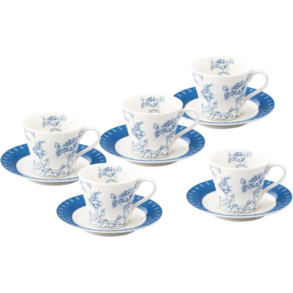 Laura Ashley Cafe Gift Tea Set Summer Rose (Coffee Cup Diameter 8.5cm & Saucer Diameter 15cm) 5-Customer Set Coffee Cup Tea Cup Tea Cup Tableware Stylish Rose Pattern Antique Floral Pattern Cup Saucer White Blue Tableware Set Present Women Made in Japan