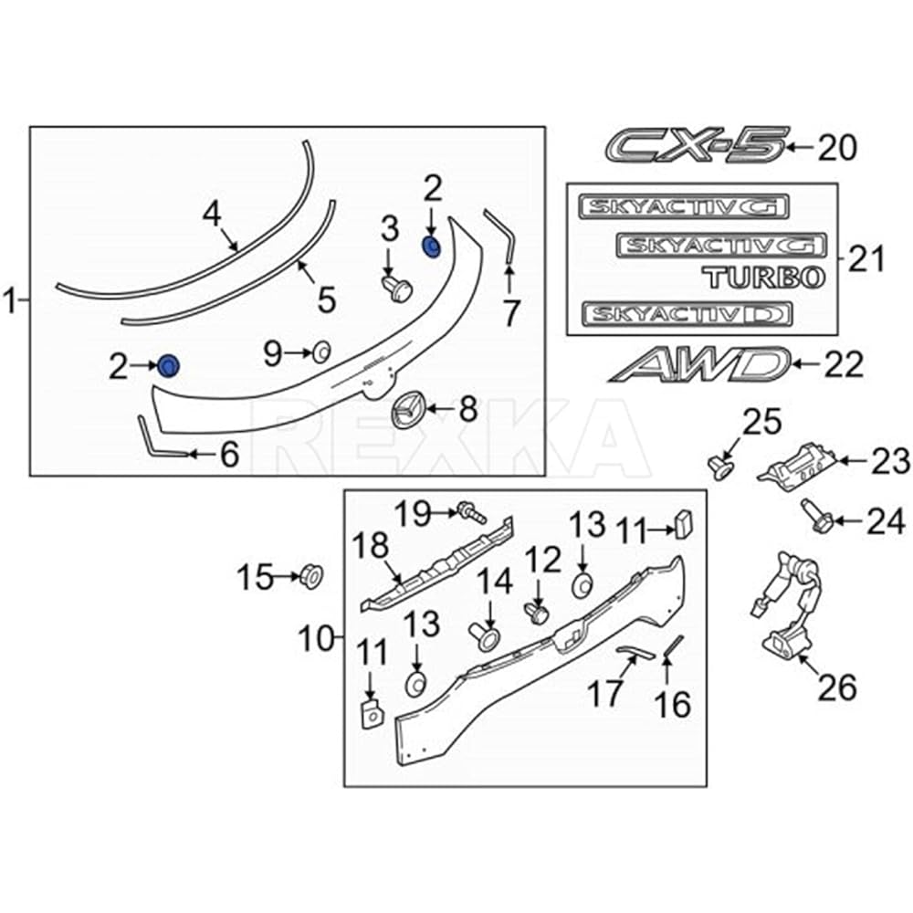 REXKA Lift Gate Finish Panel Clip Clip Clip Molding Clip KB8A51SJ3 Mazda KB8A-51-SJ3 Mazda 3 CX-30 CX-30 CX-5