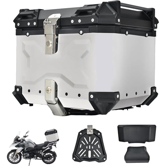 [Alice in Miscellaneous Goods] Rear Box for Motorcycles, 45L, 55L, 65L, Large Capacity, Easy to Install and Detach, Waterproof, Dustproof, Aluminum, Mounting Base Included, 2 Keys, Full Face Compatible, Square Bike Box (Silver 55L)