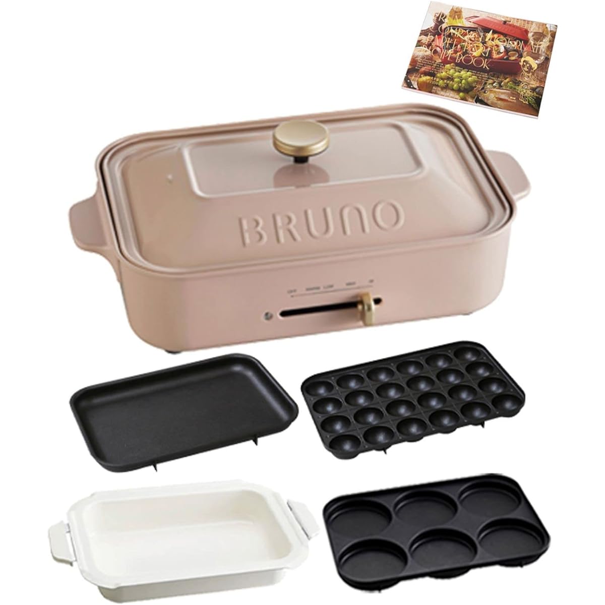 BRUNO BOE021-BE PK1703 Compact Hot Plate, Main Body, 4 Types of Plates (Takoyaki, Ceramic Coated Pot, Flat/Multi), Includes Recipe Book, Pink, Beige, Pink, Pink, Stylish, Cute, 1200w, Temperature