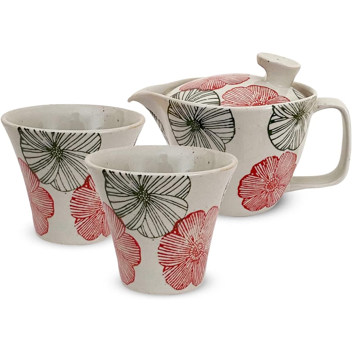 J-kitchens Isaozan Kiln Teapot Set, Hasamiyaki, Made in Japan (Teapot, Pair Tea Cup, Tea Utensil Set), 240ml, 140ml, For 1 ~ 2 People, Comes with Tea Strain, Flower Crest, Red