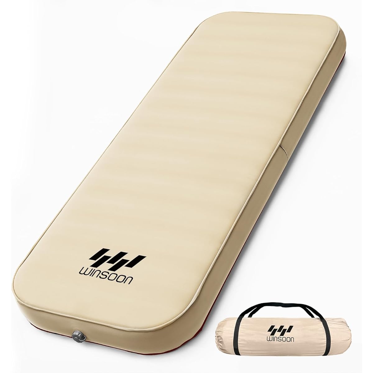 WINSOON Inflator Mat 10cm [Extreme Comfort, Wider, Automatic Inflation] Camping Mat Air Mat for 1 Person Air Bed Automatic Air Valve Design High Resilience Urethane Foam Thick Silent/Odorless/Easy to Store Pump Function Storage Bag Included (Beige)