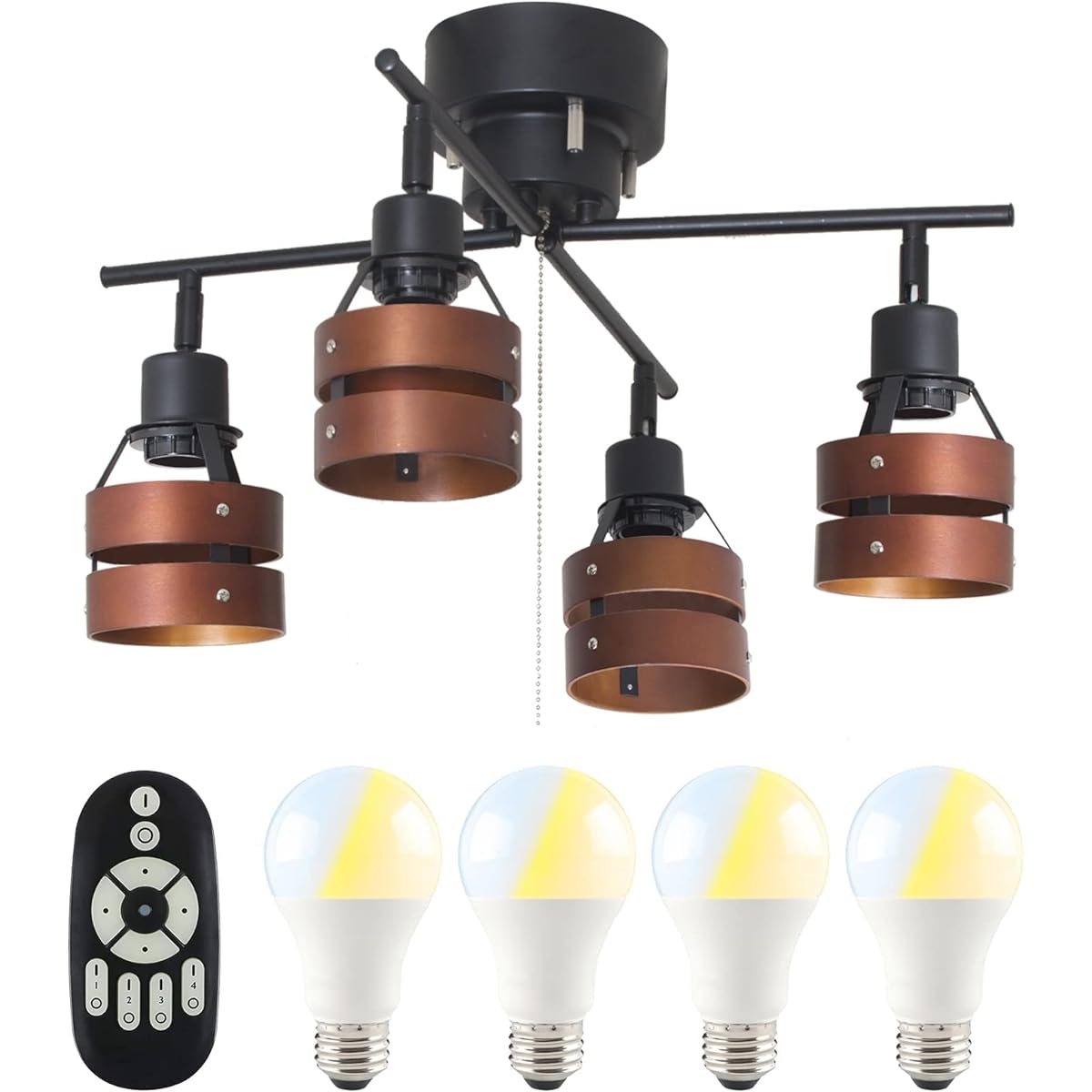 Community Lighting Ceiling Light 4 Lights 8 Tatami Ceiling Spotlight Dimmable Color Adjustable 9W LED Bulb with Equivalent to 60W GT-DJX-2D-9WT-2 Ceiling Light Remote Control Compatible Pull Switch Scandinavian Wood Ring Stylish Natural Wood Brown