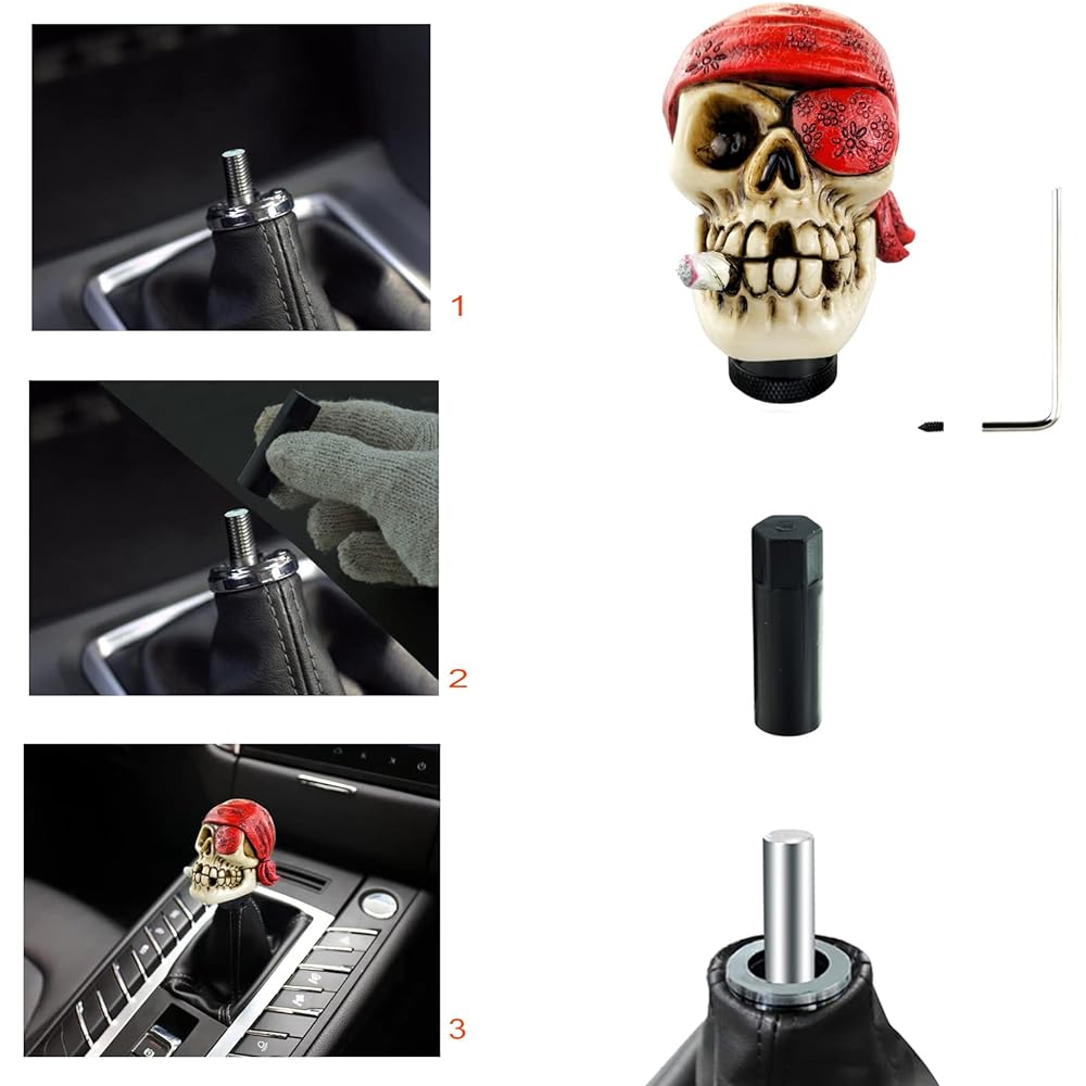 LUNSOM Pirates Skull stick Gearnob Stick Stick Handle One -eyed style Transit Mission Headsifter Lever handle Configures for most automatic manual cars (red)