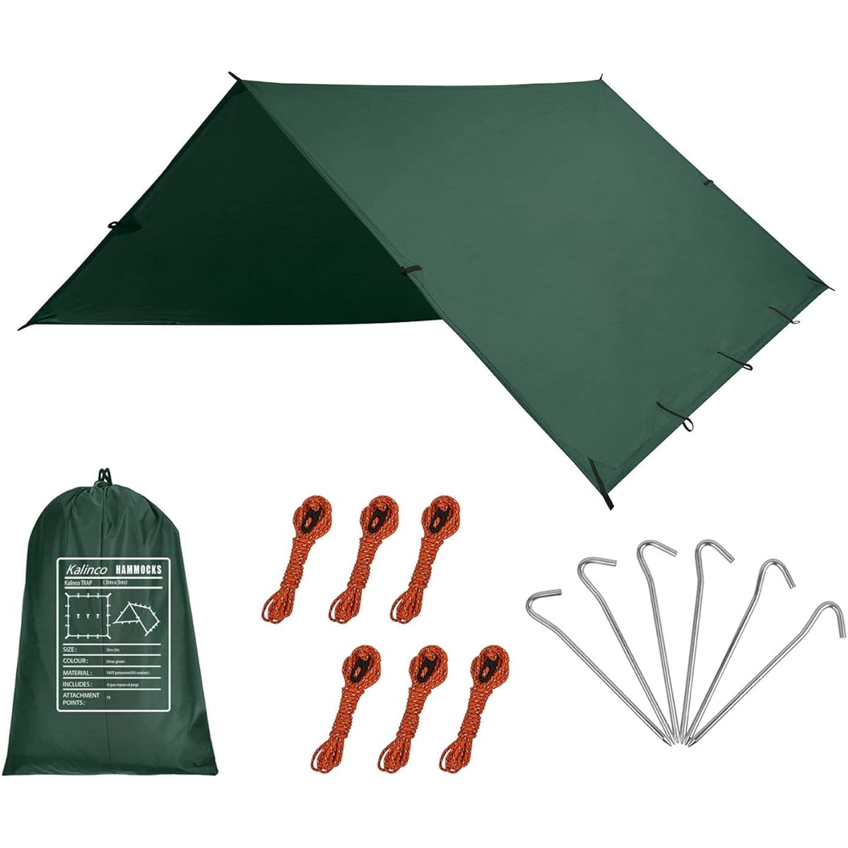 KALINCO Waterproof Tarp Camping Awning Shade Multifunctional Lightweight Sun Shelter UV Protection Portable Storage Bag Included Picnic Fishing Climbing 3x3m