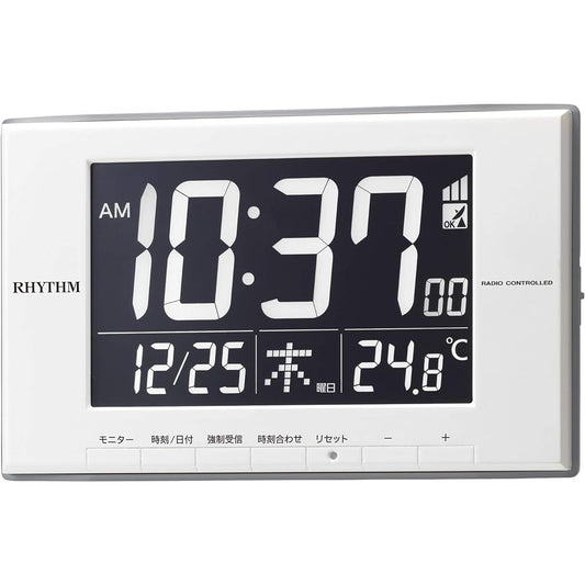 RHYTHM Alarm Clock Radio Clock Thermometer Calendar LED Light Type White 12x19.4x2.1cm 8RZ209SR03