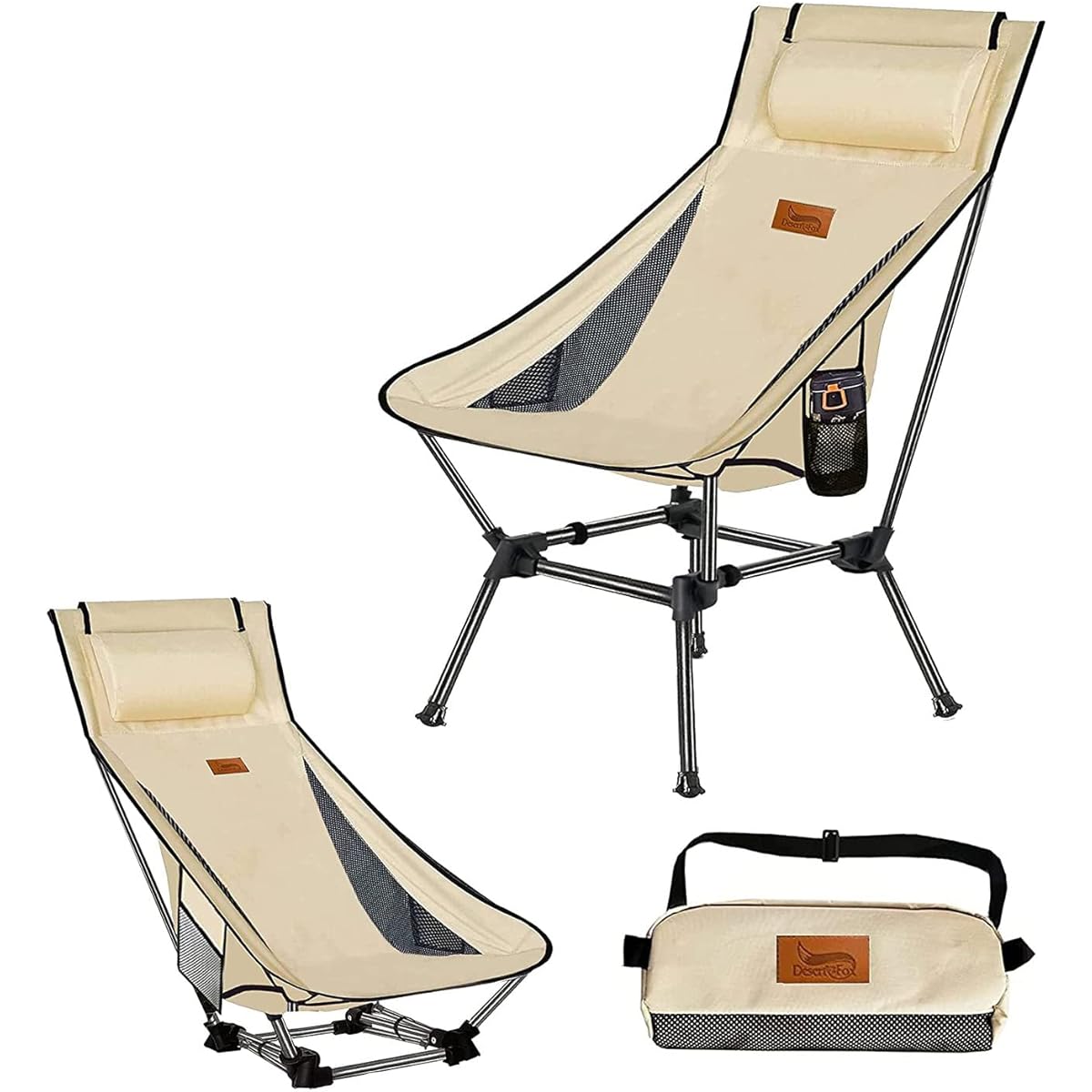 Outdoor Chair 2WAY Camping Chair Low Chair Lightweight with Pillow High Back [Original Cup Holder] Load Capacity 150kg Compact Chair Low Type Storage Bag Included Convenient to Carry - 4G