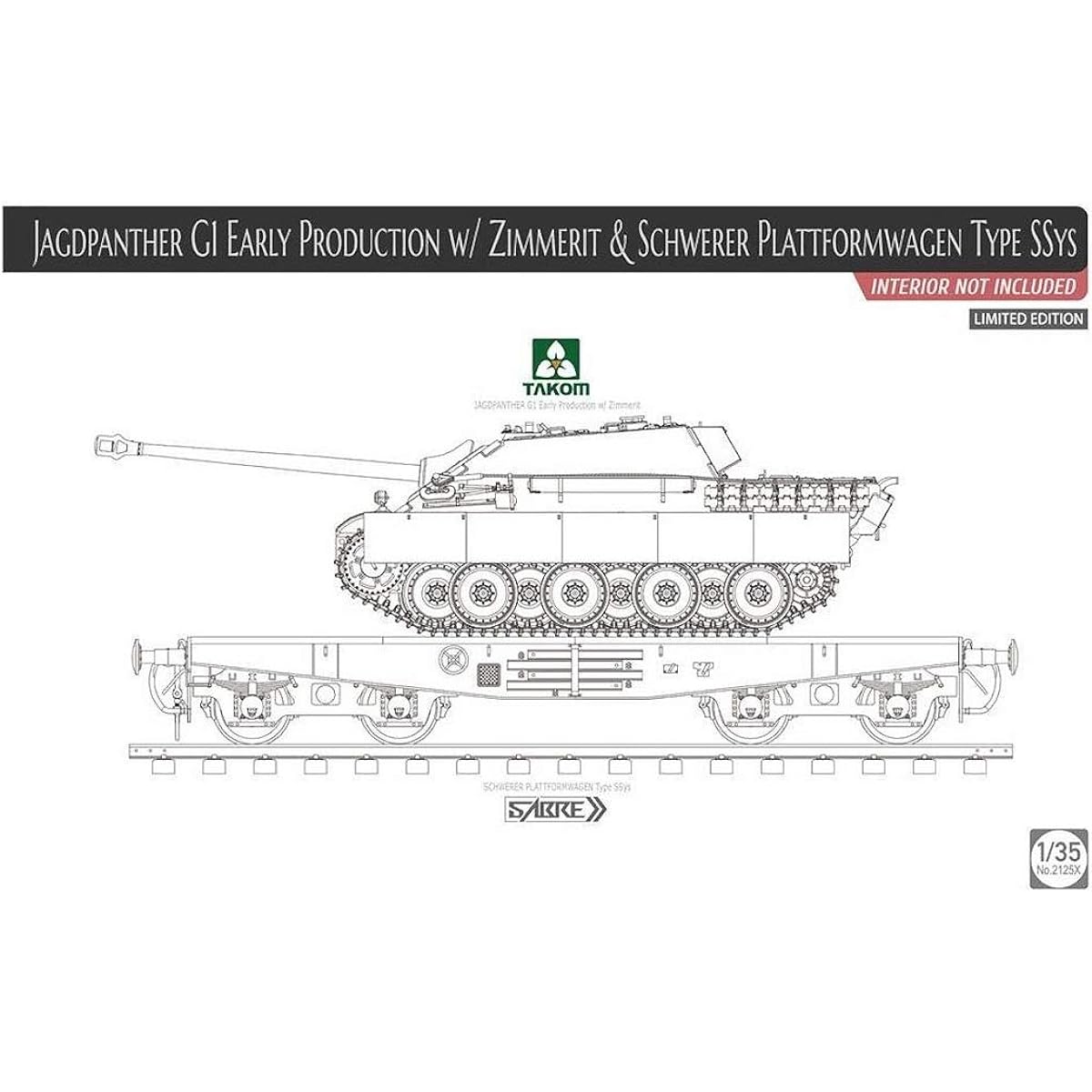 Tacom 1/35 German army heavy tank destroyer Jagdpanther G1 Sd.Kfz.173 early model w/Zimmerit coating & heavy flat freight car plastic model TKO2125X (manufacturer's first order limited production)