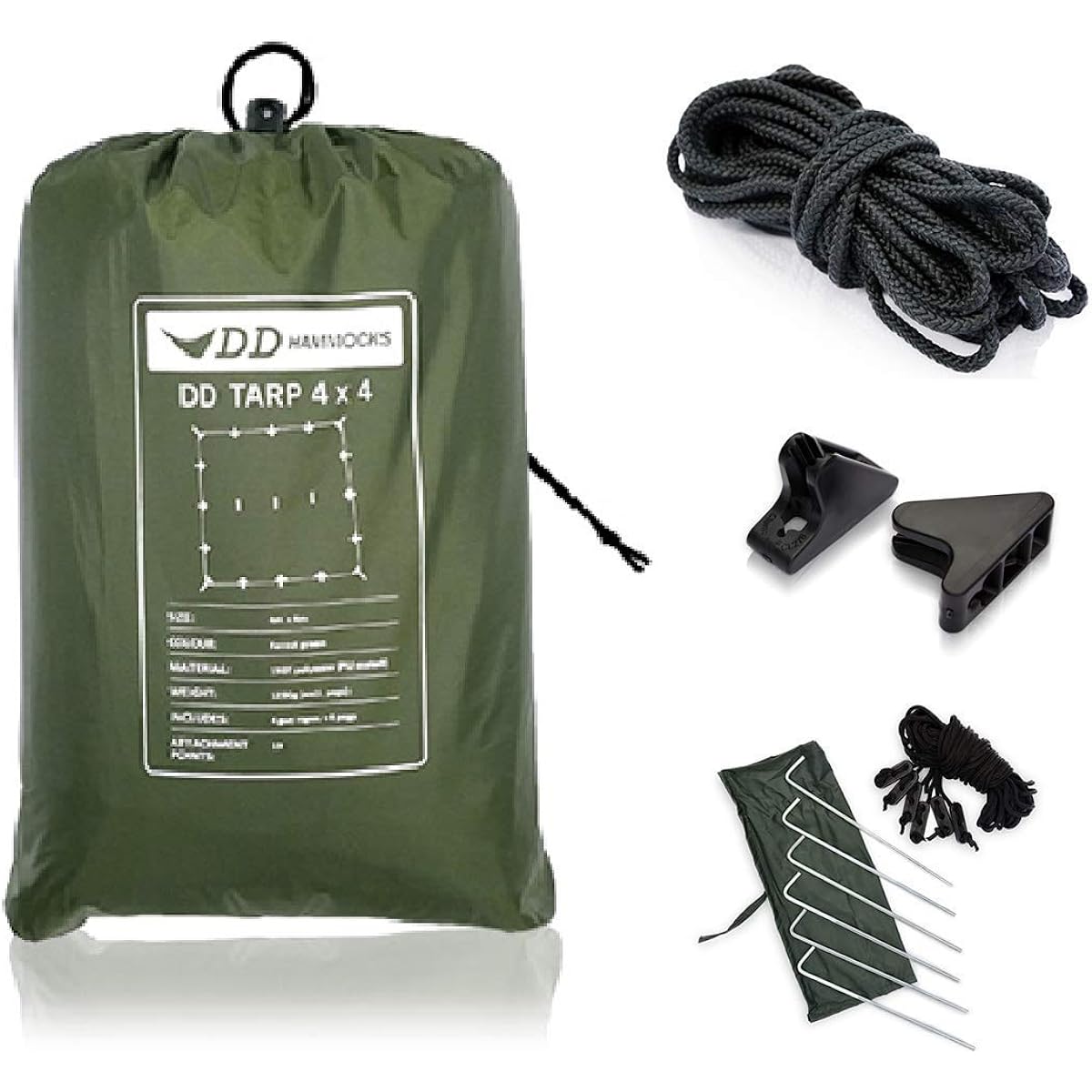 DD Tarp 4x4 Convenient set for setting up DD Tarp 4X4 & DD Cord Cord (10m) & Ridgeline Loks (2 pieces) &DD Pegs + Guy Lines (x6) (Forest green (Limited) Edition))