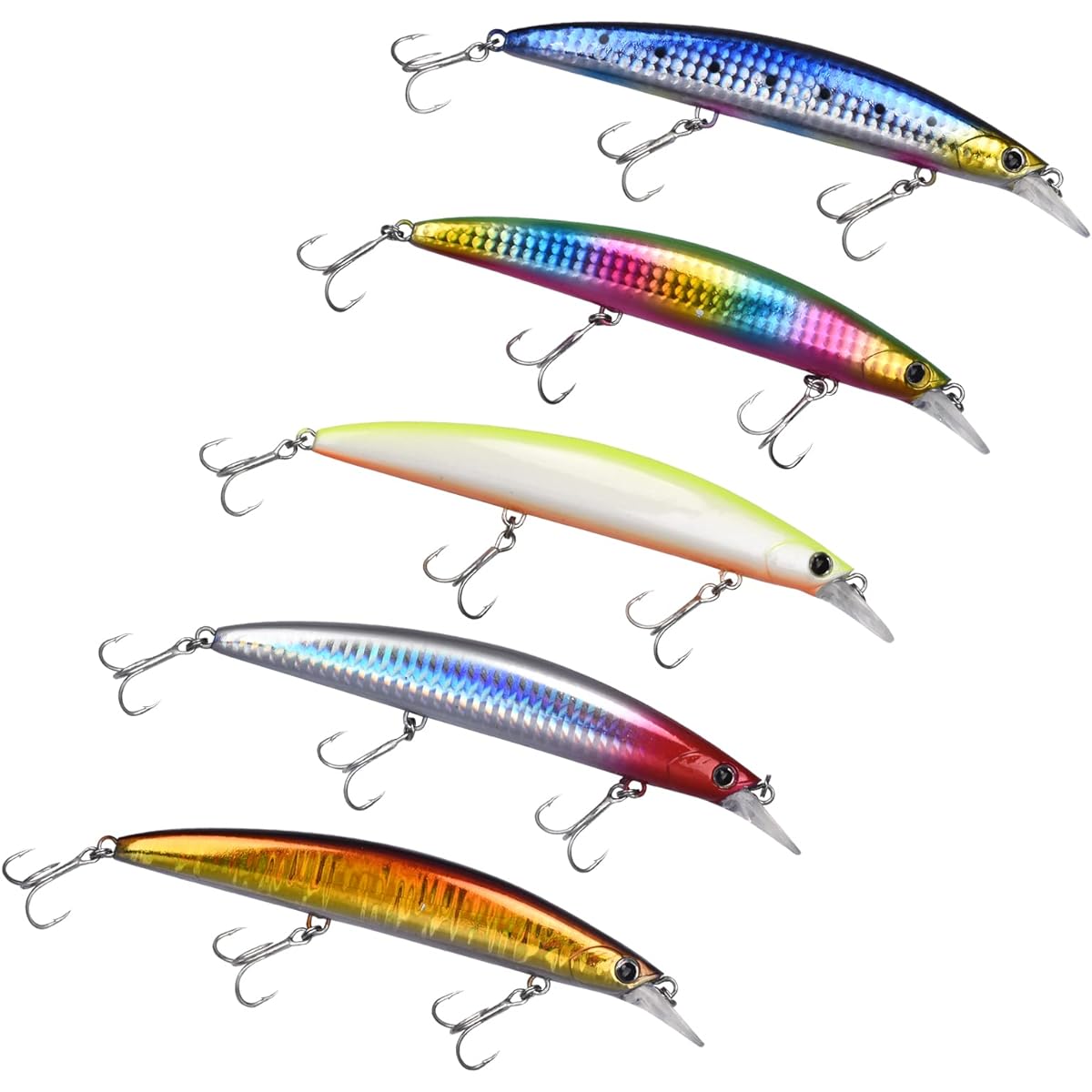 ColorGo Lure, Floating Minnow, Seabass, Flounder, Blue Fish, 12g, 17g, 20g, 25g, Built-in Steel Ball, Moving Center of Gravity, Mountain Stream, Sea Fishing, Long Cast, Set of 5
