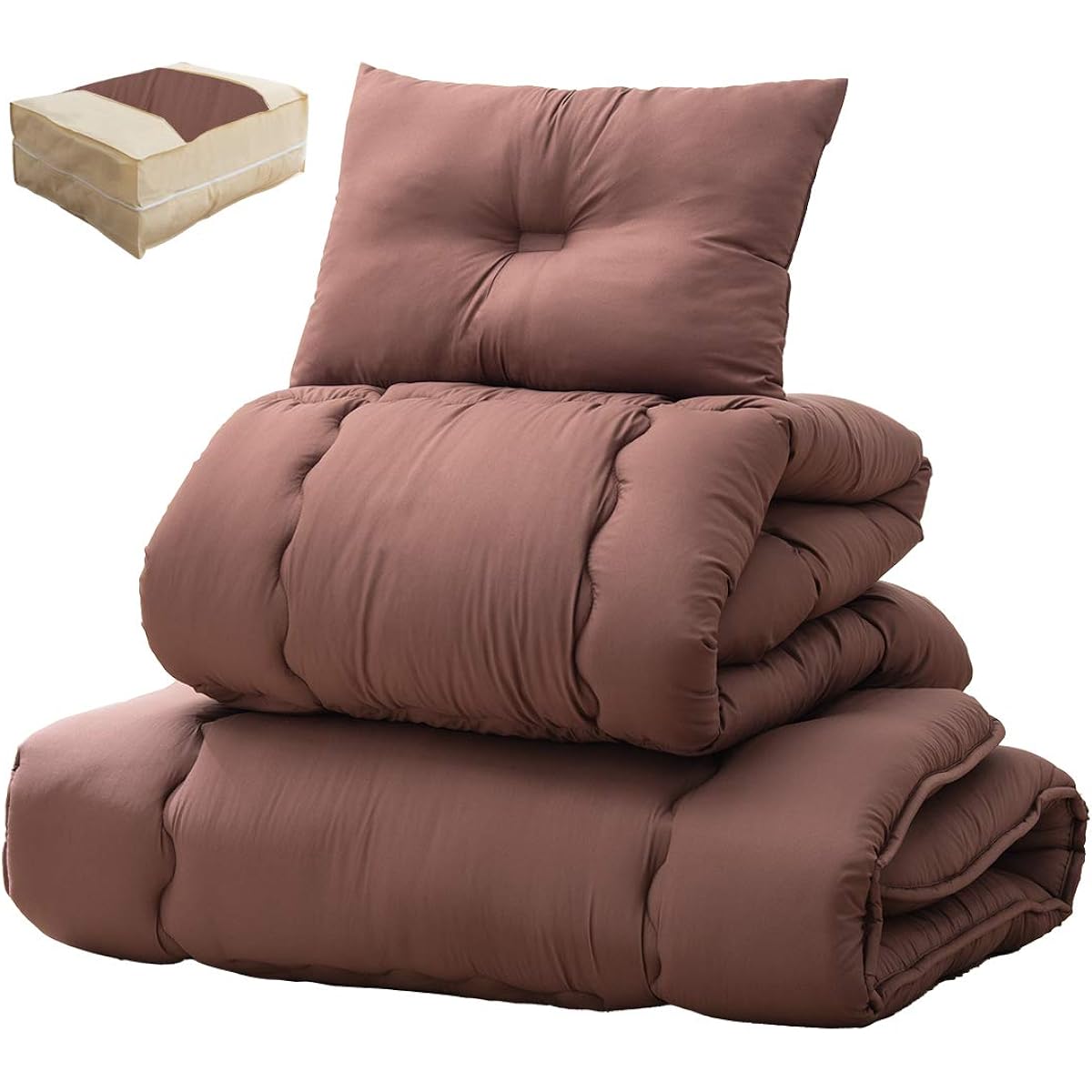 Tansu no Gen Futon Set, Semi-double, 4-piece set [High-density solid cotton, 3-layer futon] Washable, antibacterial, odor resistant, dust-resistant, peach skin processing, low formaldehyde, storage case, Brown 61140238 20 (74263)