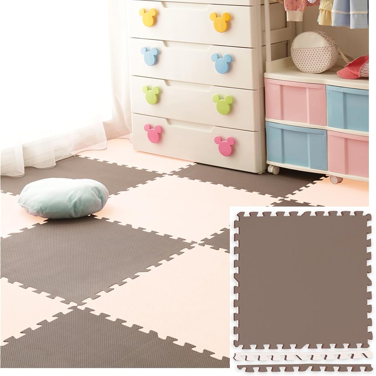 Iris Ohyama Joint Mat, Extra Thick 1.8 cm, 60 x 60 cm, Set of 16, Non-Formaldehyde, Washable, Mocha Brown/Beige JMRN-616