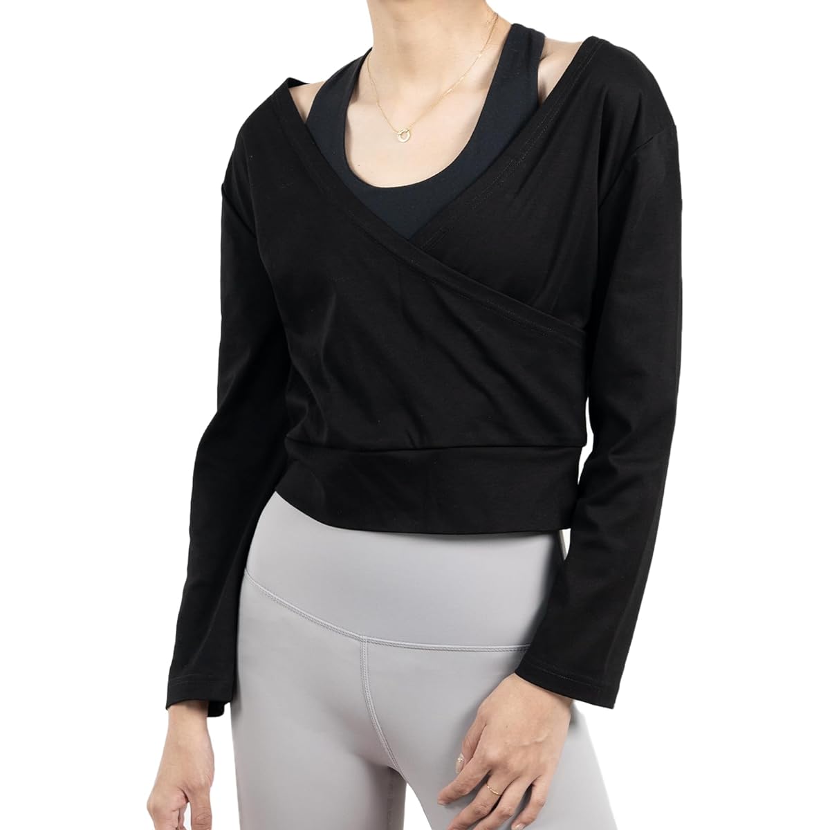 [iito.seasons] Women's Yoga Wear, Front and Back 2-Way Top, Sportswear, Dancewear, T-Shirt, Short Length, Long Sleeve, Plain, Blouse, Cute, Stylish, Yoga, Dance, Slimming, Korean, Popular, Summer, Spring, Autumn, Quick Drying