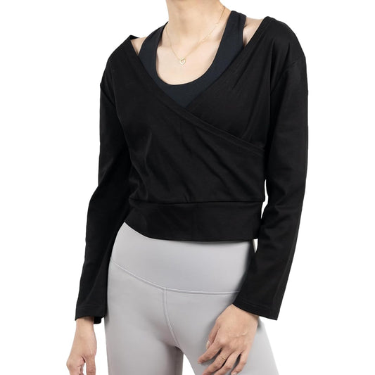 [iito.seasons] Women's Yoga Wear, Front and Back 2-Way Top, Sportswear, Dancewear, T-Shirt, Short Length, Long Sleeve, Plain, Blouse, Cute, Stylish, Yoga, Dance, Slimming, Korean, Popular, Summer, Spring, Autumn, Quick Drying