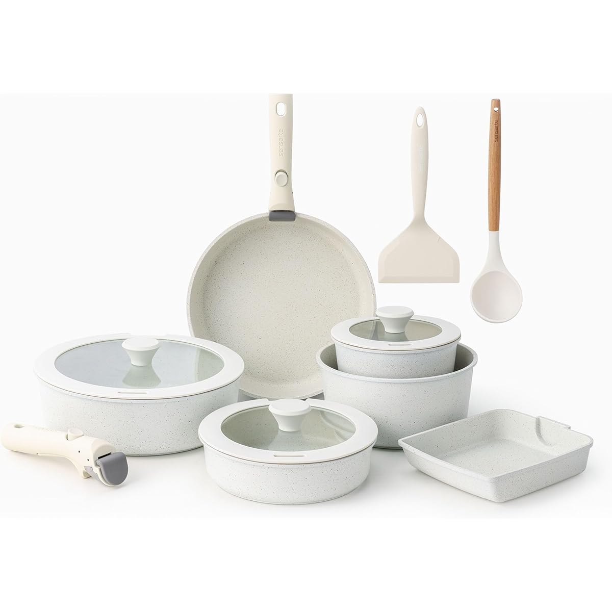 SENSARTE frying pan set, IH compatible, gas fire compatible, pot set, 13 pieces, removable handle, lightweight, non-stick, easy to clean, white, one year warranty (13 piece set)