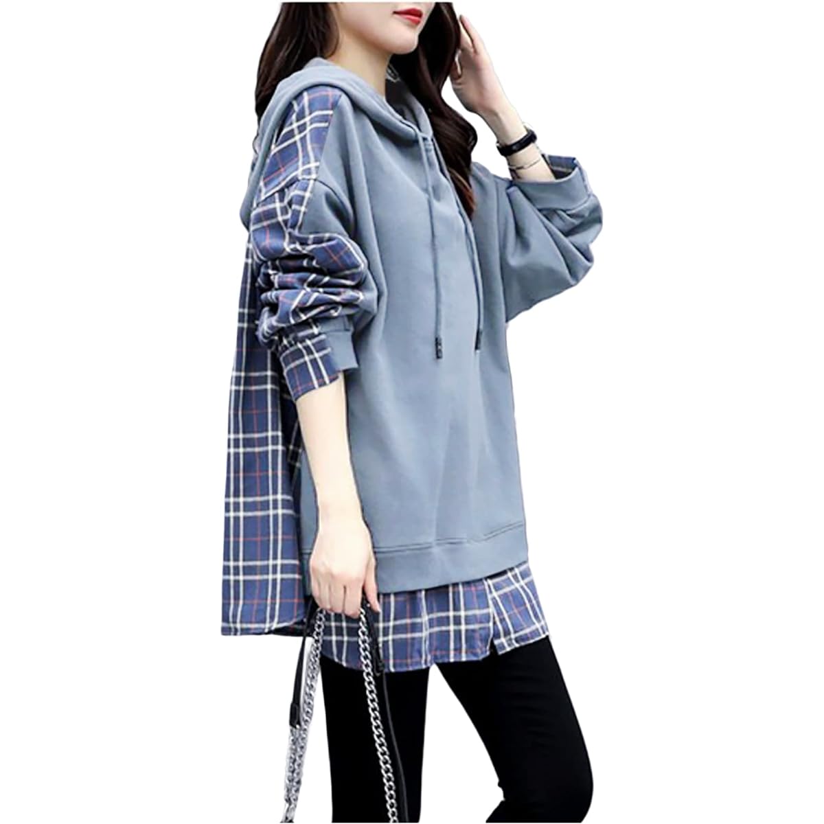 [Lion garden] Women's Tops, Long Sleeve, Parka, Checked, Korean, Spring, Fashionable, Loose, Pullover, Hoodie, Pattern