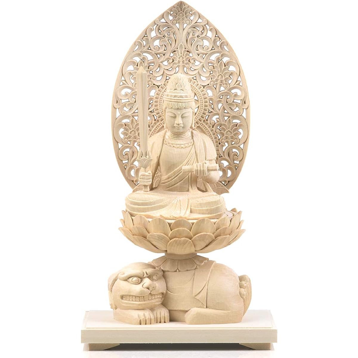 Hanro Art Sculpture Buddha Statue Manjusri Bodhisattva Made of Cypress Wooden Bird and Beast Zodiac Arabesque Halo Born in the Year of the Rabbit Protection from Evil Zodiac Guardian Principal Image Guardian Buddha (Height 24.5cm x Width 14cm x Depth 9.2