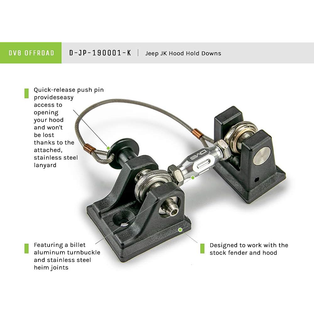 DV8 off-road | D-JP-190001-K | Bonnet Hold Down 07-18 For WRANGLER JK | Quick Release | No Lock | Adjustable Tension Turn Buckle | Stainless Steel and Billet Aluminum Structure
