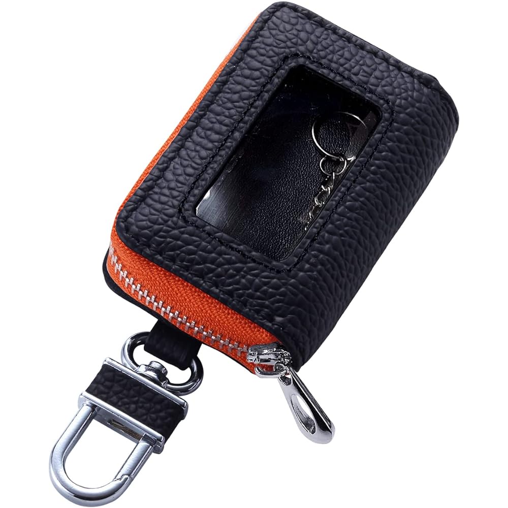 [AWESOME] Smart key case with clear window, black x orange genuine leather key case ASK-CM014