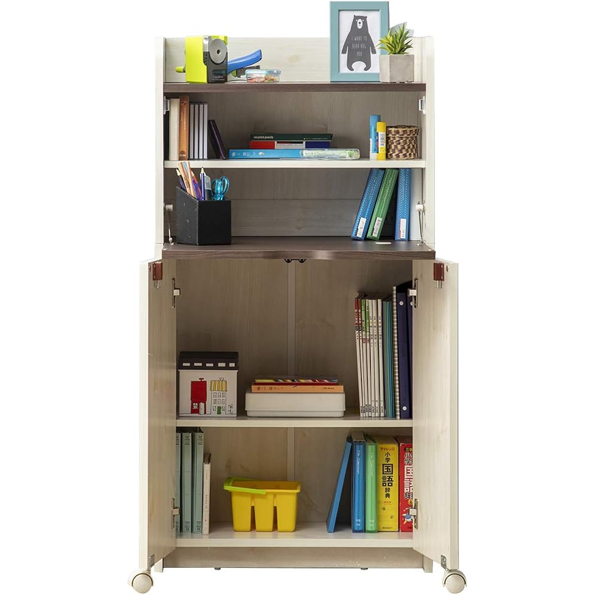 Iris Plaza Study Desk, Folding Storage, Study Desk with 2 Outlets, Dark Brown & White, Width 60 x Depth 29~60.5 x Height 115.5cm