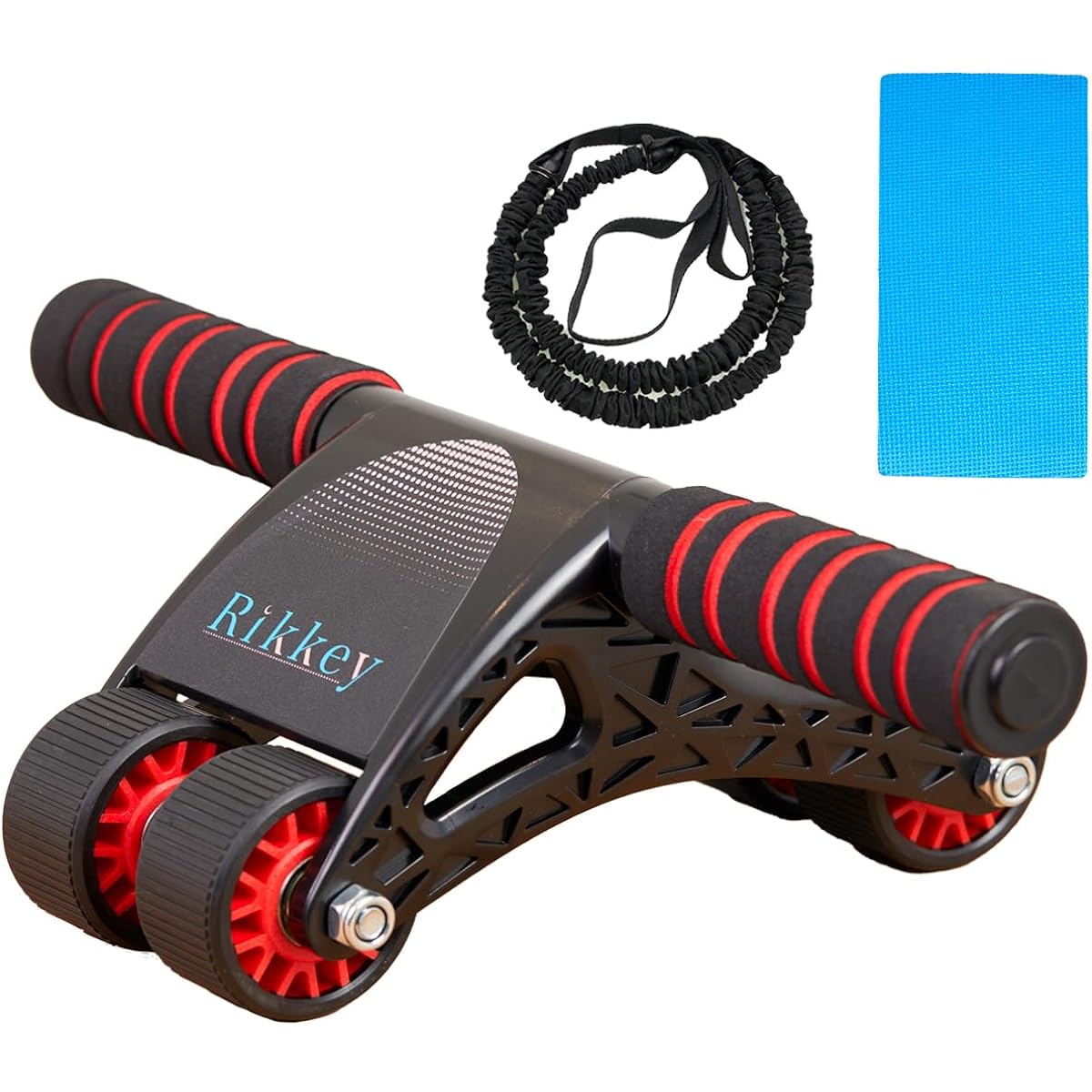 Abdominal Roller, 4 Wheels, for Women, Beginners [4 Wheels with a Sense of Stability] Quiet, Comes with Mat, Comes with Rubber Straps for Assist, Diet, Muscle Training, Core Training, Includes Video, Japanese Instruction Manual (Rikkey)