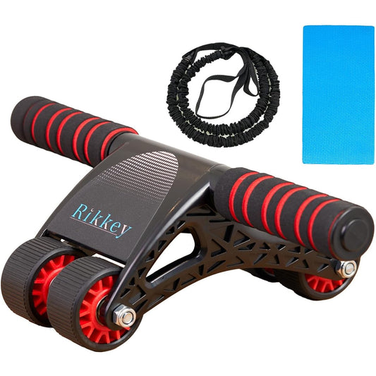 Abdominal Roller, 4 Wheels, for Women, Beginners [4 Wheels with a Sense of Stability] Quiet, Comes with Mat, Comes with Rubber Straps for Assist, Diet, Muscle Training, Core Training, Includes Video, Japanese Instruction Manual (Rikkey)