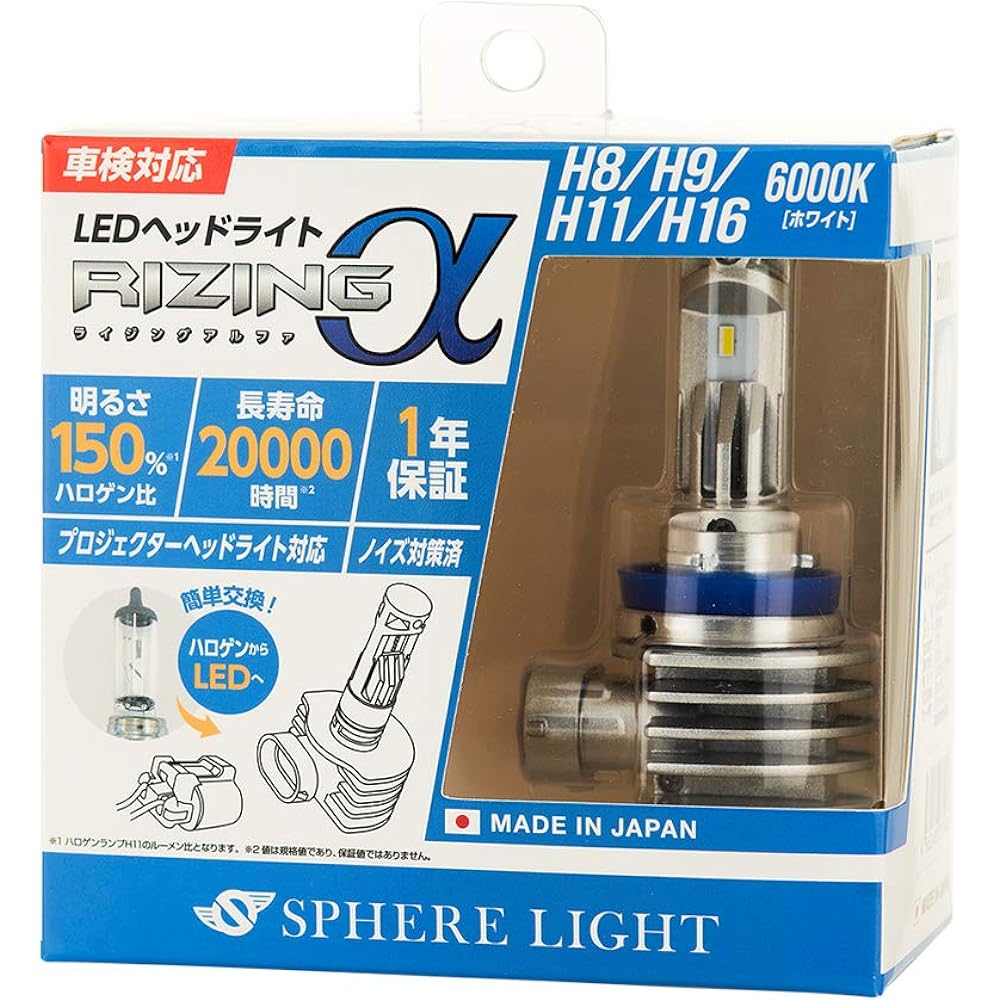 Sphere Light Made in Japan Car LED Headlight RIZINGα H8/H9/H11/H16 6000K Vehicle Inspection Compatible 3600lm