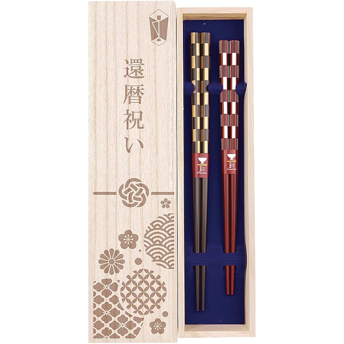 Couple chopsticks, hexagonal ring, black, red, dishwasher safe, antibacterial chopsticks with design paulownia box and wrapping, 60th birthday celebration, grandpa, grandma, parents, gift [154]