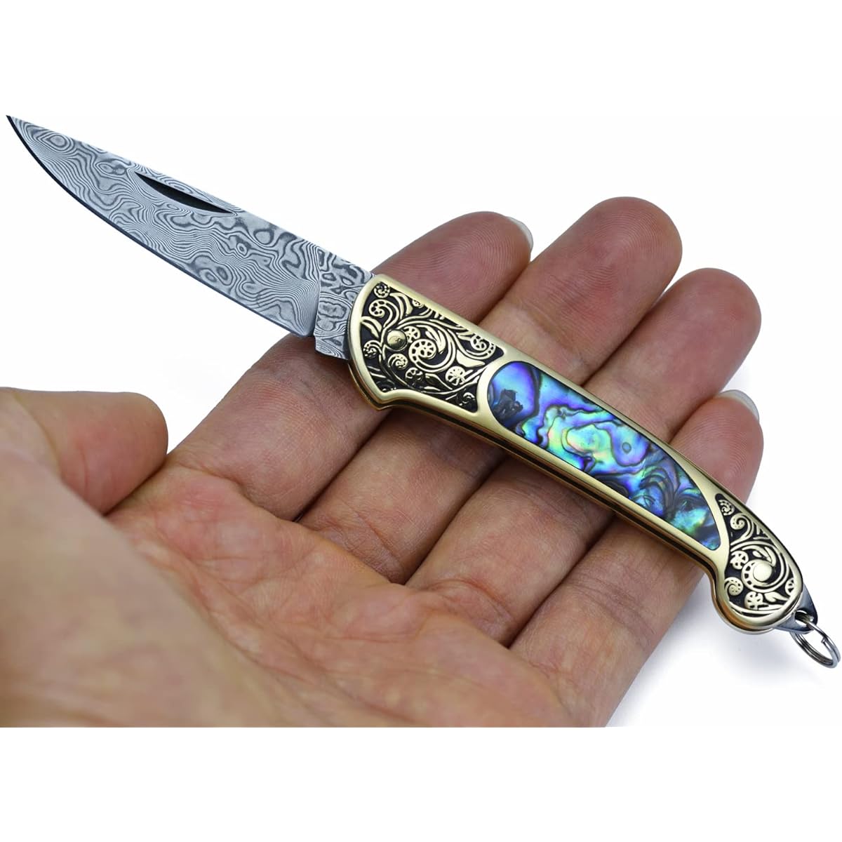 JPCRMOV Folding Knife Damascus Steel Folding Knife Outdoor Knife Pocket Knife Camping Knife Folding Brass + Avalon Shell Handle Keychain Included