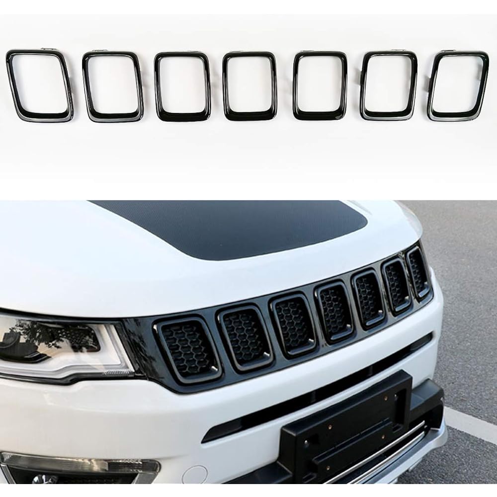 XBEEK 7PC Grill Cover Grilling Insert Frame Trim Kit is compatible with 2017-2019 Jeep Compass (clip-on-black)