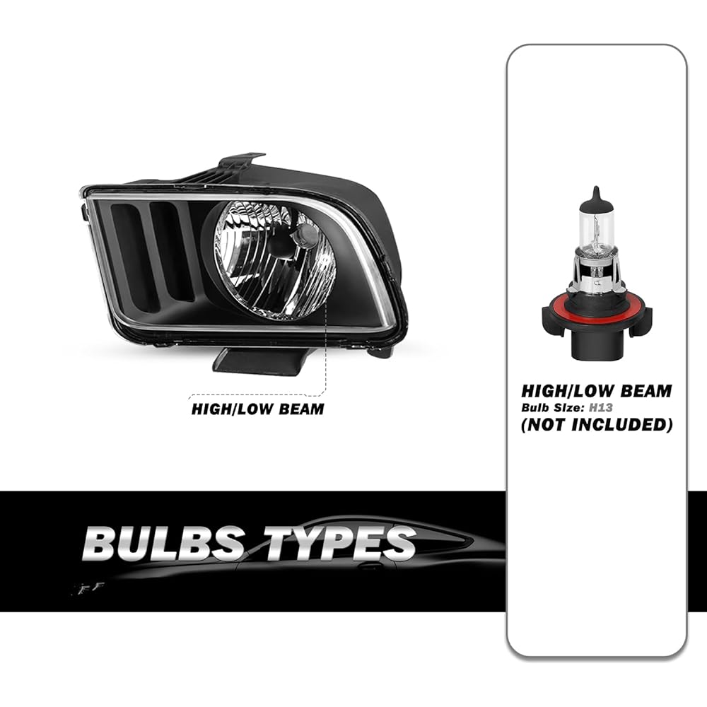 Sockir Headlight Acembredet 2005-2009 Ford Mustang Waterproof Headlight Public seat driver's seat (with black housing clear frector)