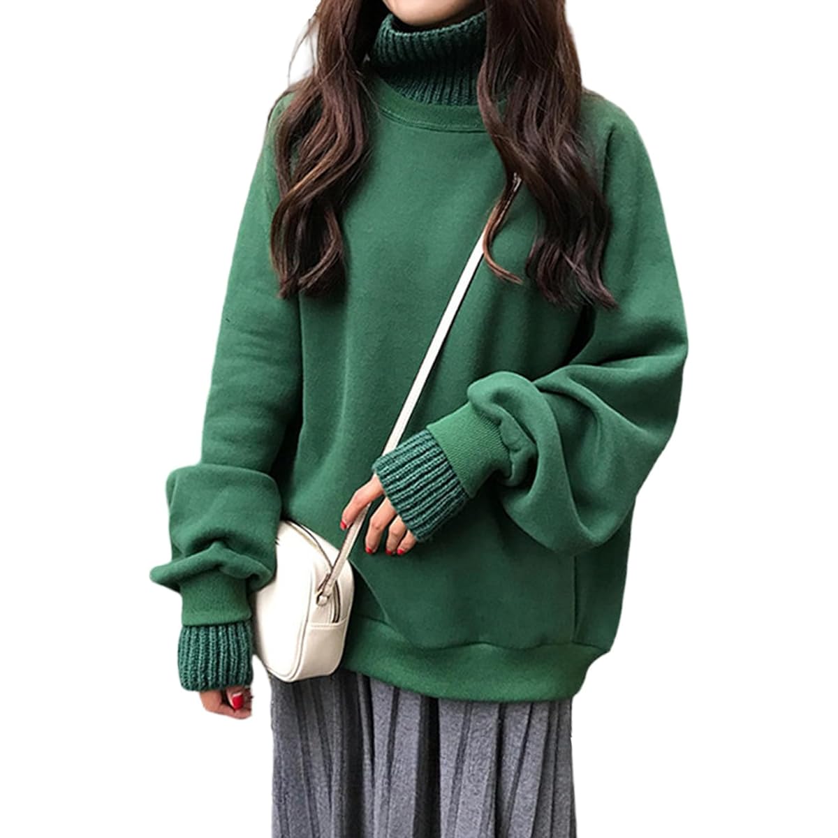 [AUSKY] High quality sweatshirt, T-shirt, sweatshirt, women's top, thin, cut and sew knit, long sleeve, high neck, layered style, pullover, switching, simple, loose, casual, warm, warm, adult, cute, autumn, winter, spring, going out